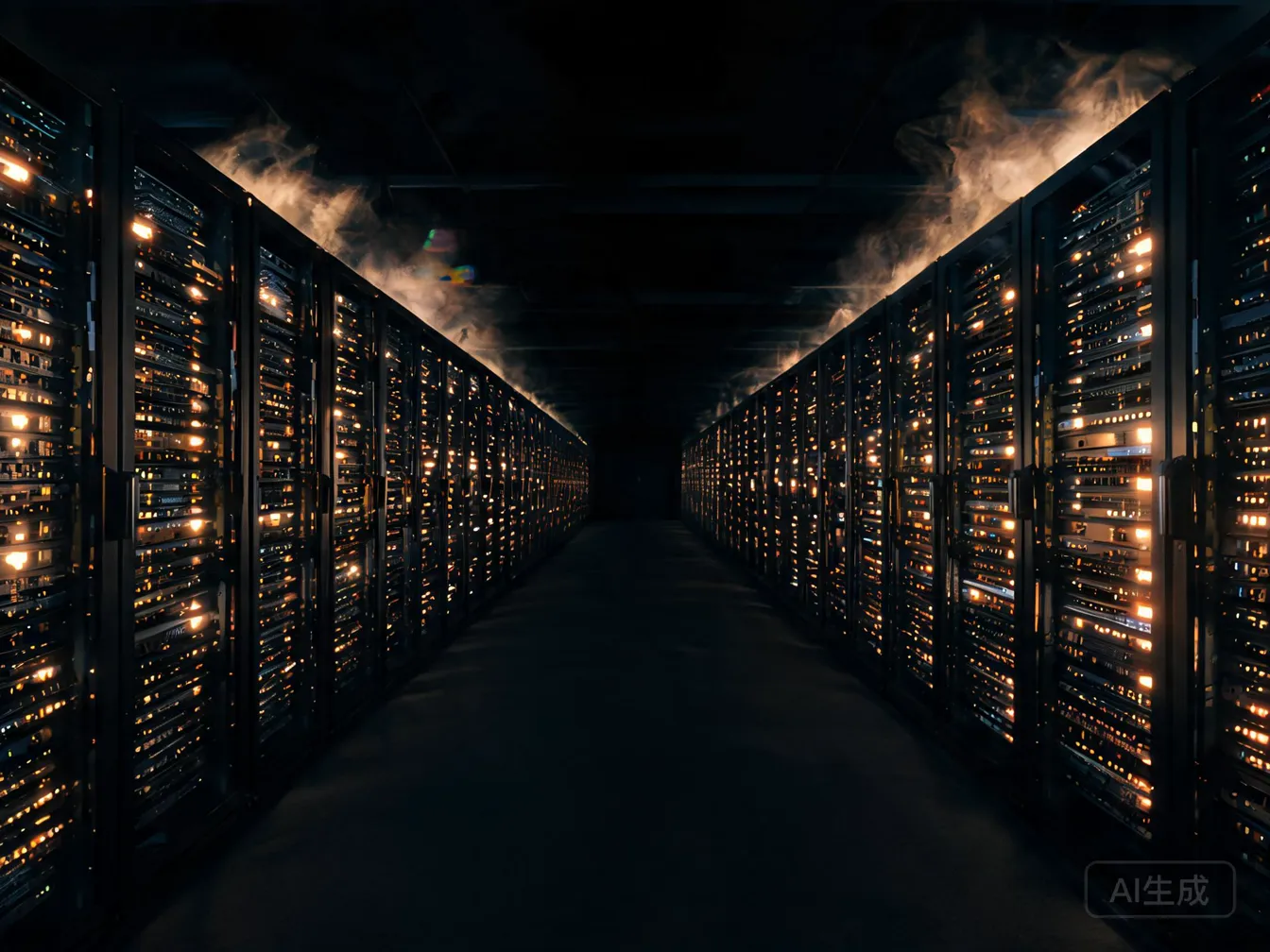 Server racks glowing with warm amber lights inside a dark data-centre hall