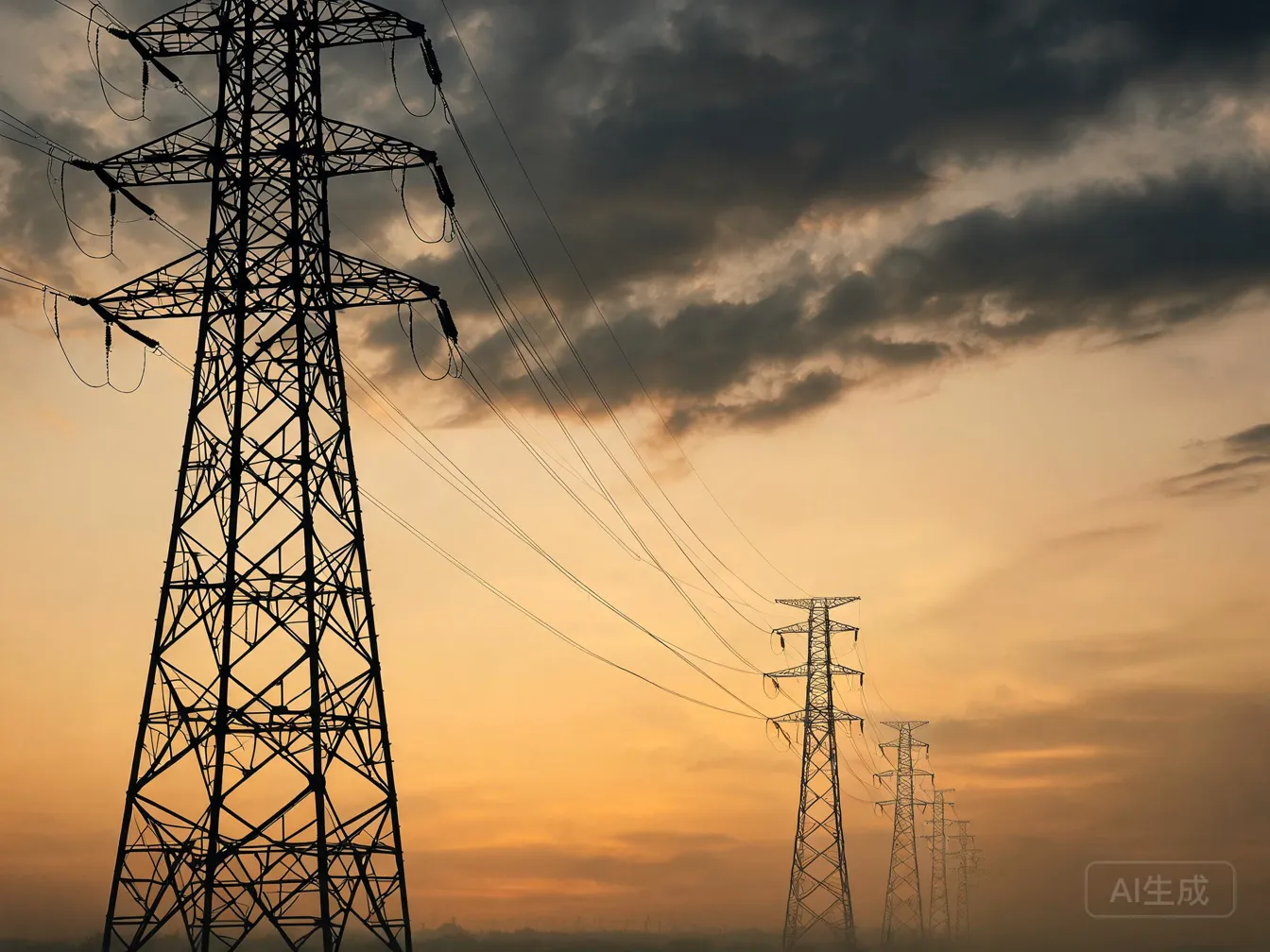 High-voltage transmission towers silhouetted against a golden dusk sky