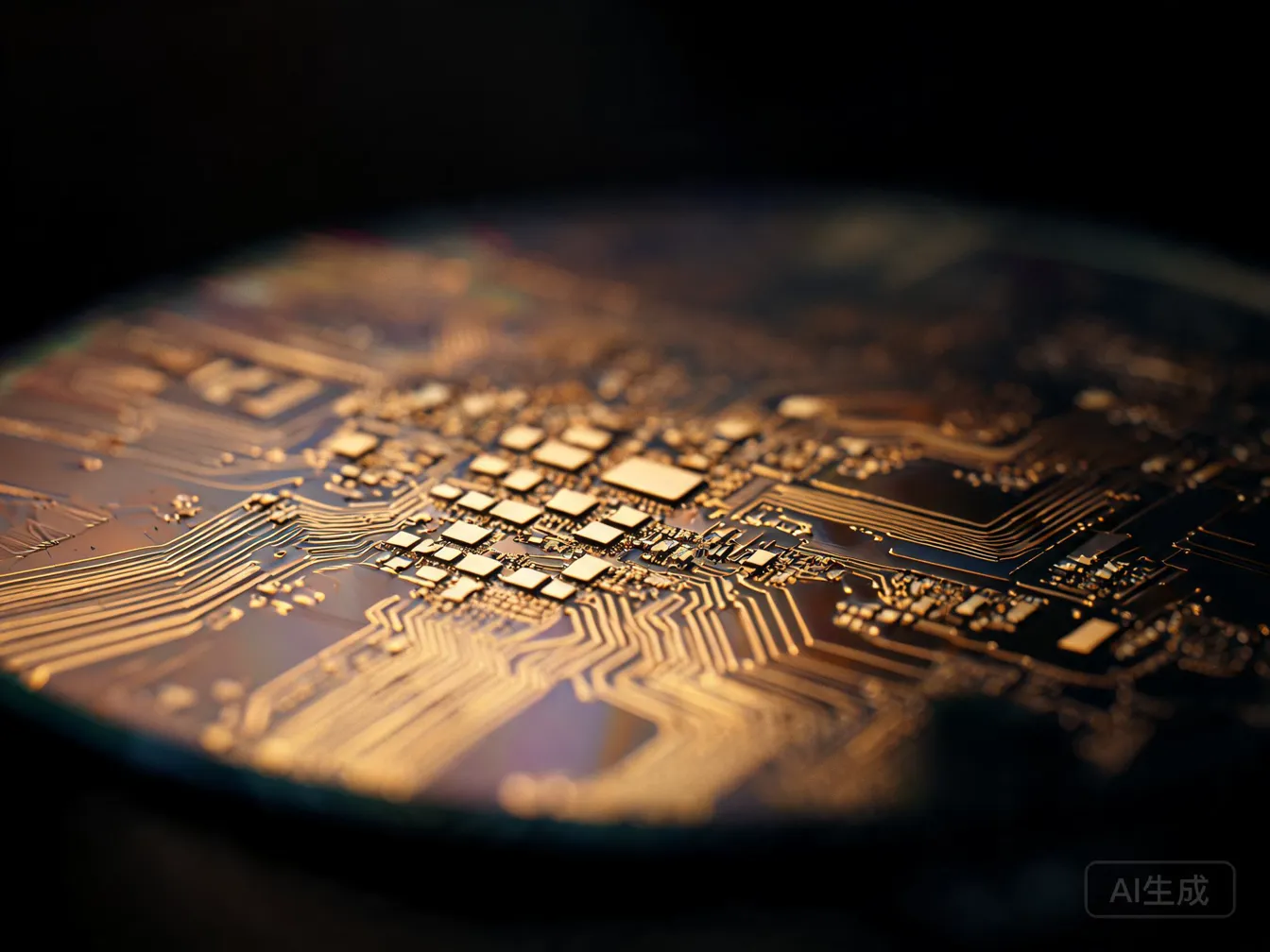 Macro view of a silicon wafer with golden circuit patterns reflecting warm light